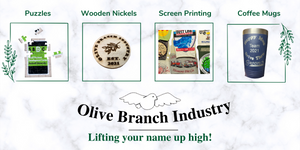 Product Collage: custom puzzles, wooden nickels, screen printing and coffee mugs