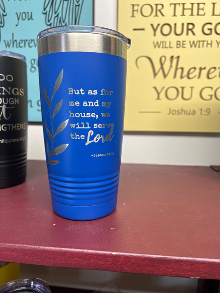 Image of royal blue tumbler engraved with Joshua  24:15
